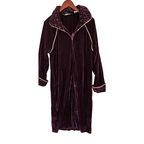 Jasmine Rose Purple Plush LONG Robe Velour Gold Metallic Trim‎ Pockets THICK Lrg